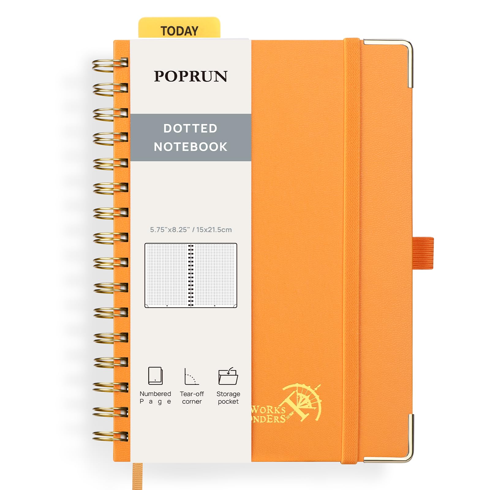 POPRUN Spiral Bullet Dotted Journal Notebook, [A5 Size] - 120 Gsm Thick Paper, 141 Numbered Pages, Wirebound Notepad for Men & Women with Pocket, Index Tabs, 8 Perforated Sheets, Orange