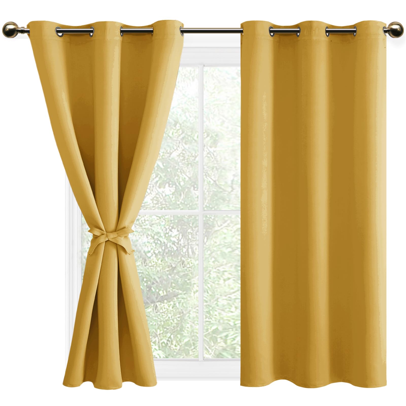 DWCN Blackout Curtains with Tiebacks for Bedroom Thermal Insulated Solid Eyelet Curtains for Living Room,2 Panels,46" Wide x 54" Drop Yellow