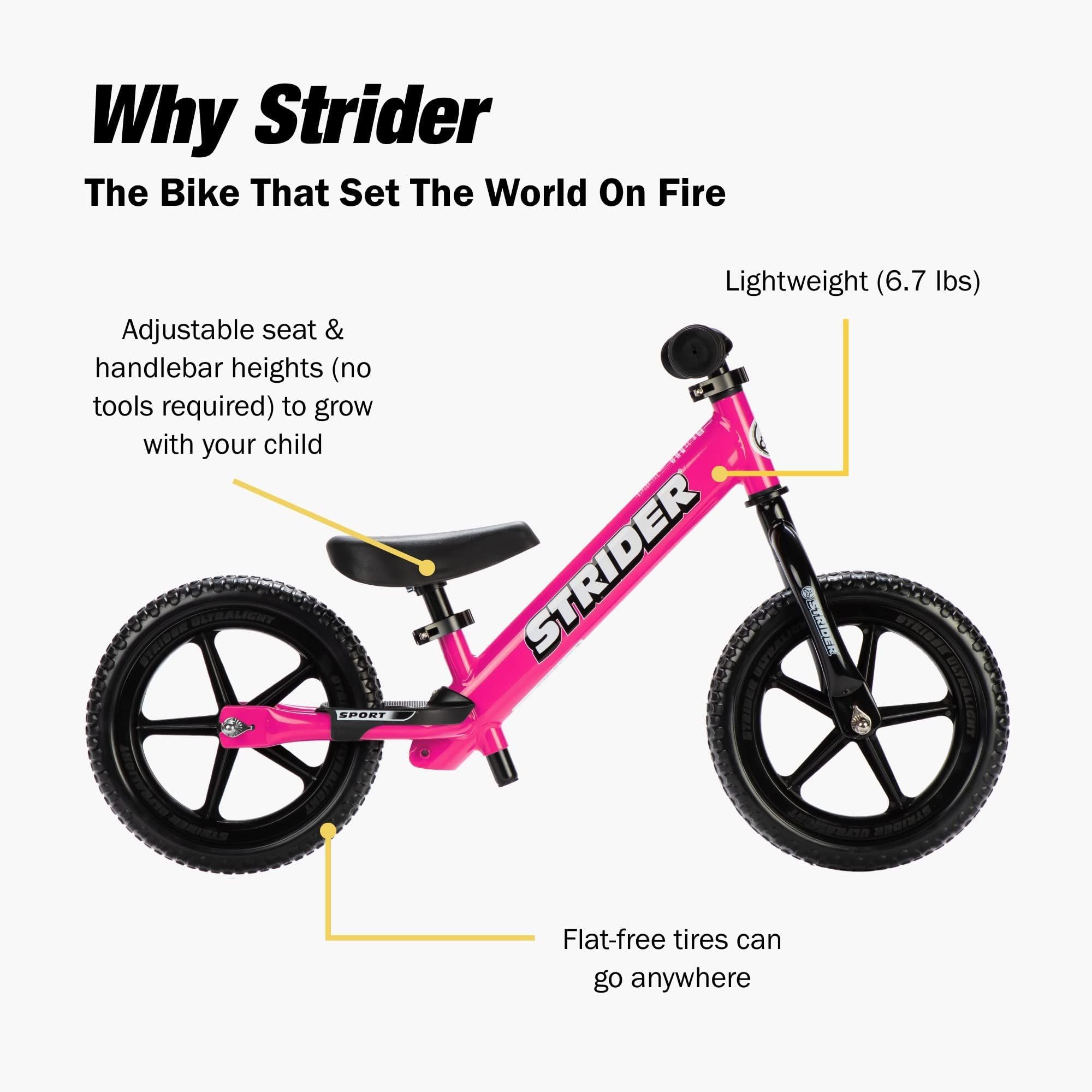 Strider 12” Sport Bike - No Pedal Balance Bicycle for Kids 1 to 4 Years - Includes Safety Pad, Padded Seat, Mini Grips & Flat-Free Tires - Tool-Free Assembly & Adjustments