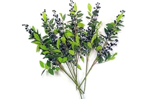 OrgMemory Artificial Berry, (6 pcs, 17" Each) Fake Burgundy Berry, Artificial Berries Stems for Xmas Tree Wreath Decorations Home Décor (Blue with Leaves)