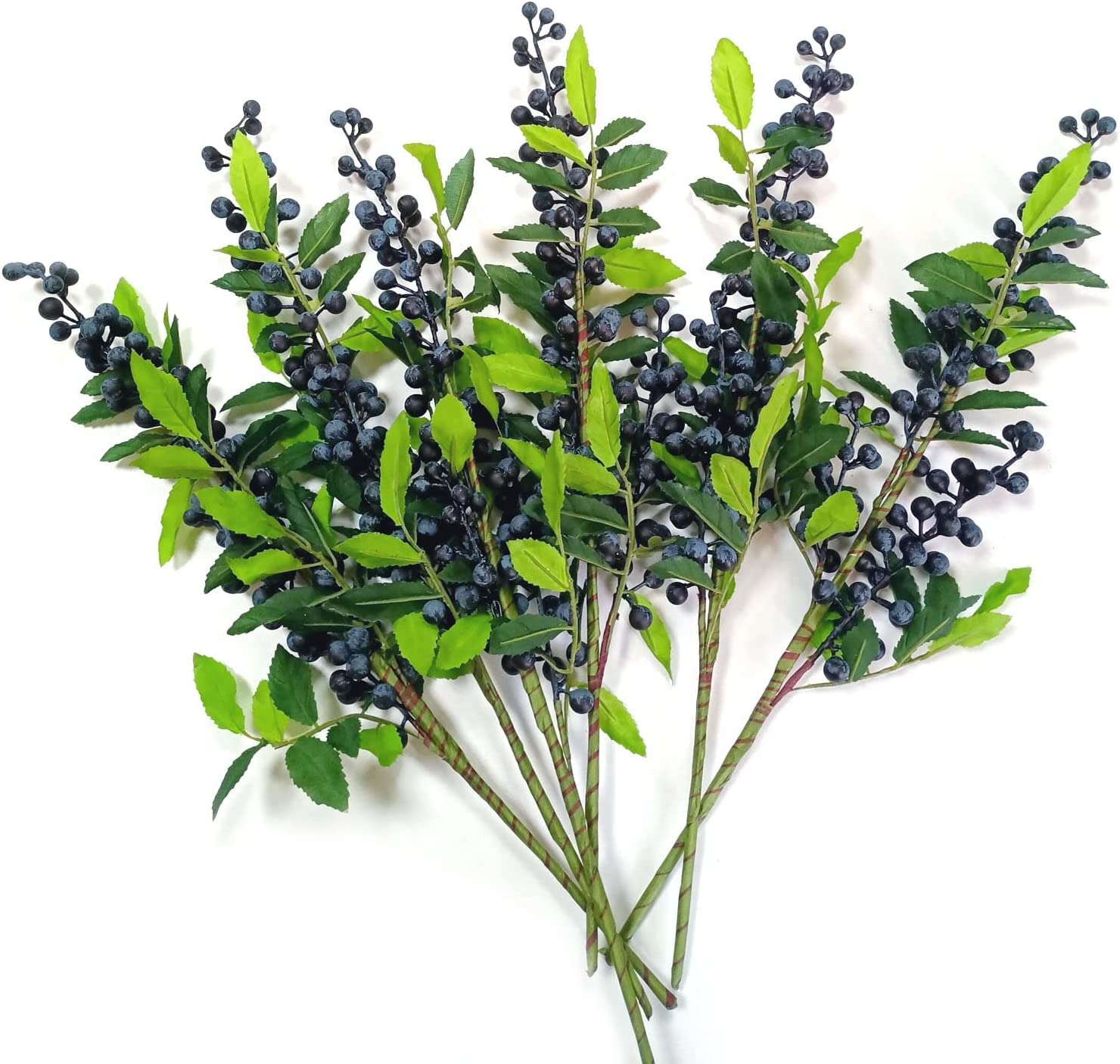 OrgMemory Artificial Berry, 6 Pcs, 43cm, 17inch, Fake Burgundy Berry, Berries Blueberry Fruit Fake Silk Flowers Holly Berries for Home Party Decor (Blue with Leaves)
