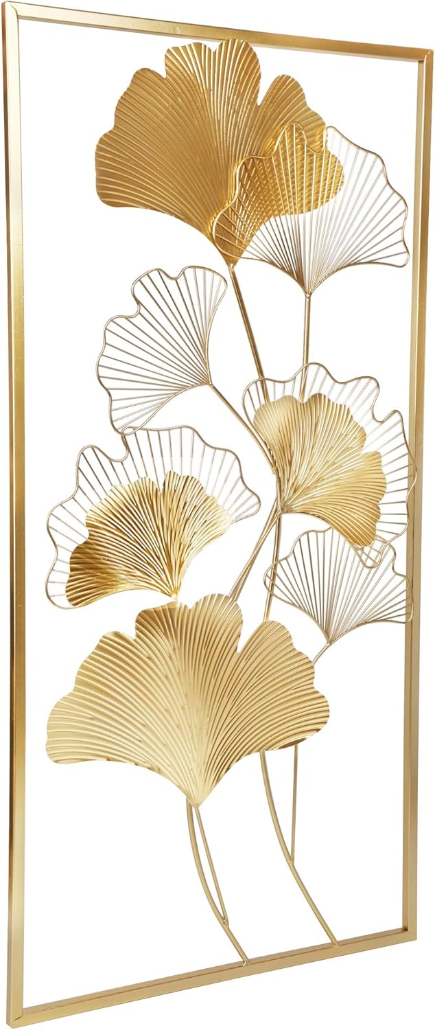 Lulu Home Metal Wall Decor, 39" X 20" Golden Ginkgo Leaf Wall Hanging Decor with Frame, Golden Metal Art Wall Sculpture for Living Room, Office, Study, Large: Everything Else