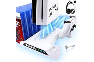 SIKEMAY PS5 Slim Stand Cooling Station for PlayStation 5 Slim Console Vertical Accessories with 2H Fast Dual Controller Charging and Silent Fan, 3 USB Hub, 14 Game Slots, 2 Headset Holder, White