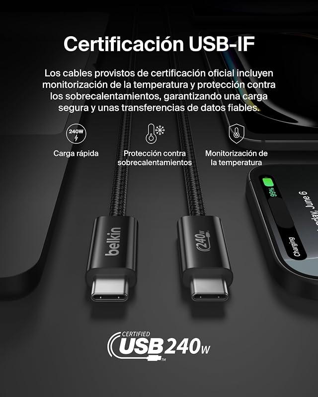 Paquete de 2 Cables Trenzados USB-C a USB-C de 1,5 m (240 W), carga rápida, cables de alimentación flexibles USB tipo C para iPhone 17 y 16, Galaxy S25, Pixel 10, iPad Pro y otros, Negro