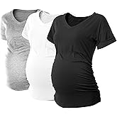 SUNNYBUY 3 Pack Womens Maternity Tops Side Ruched Maternity Shirts Pregnancy Clothes V Neck
