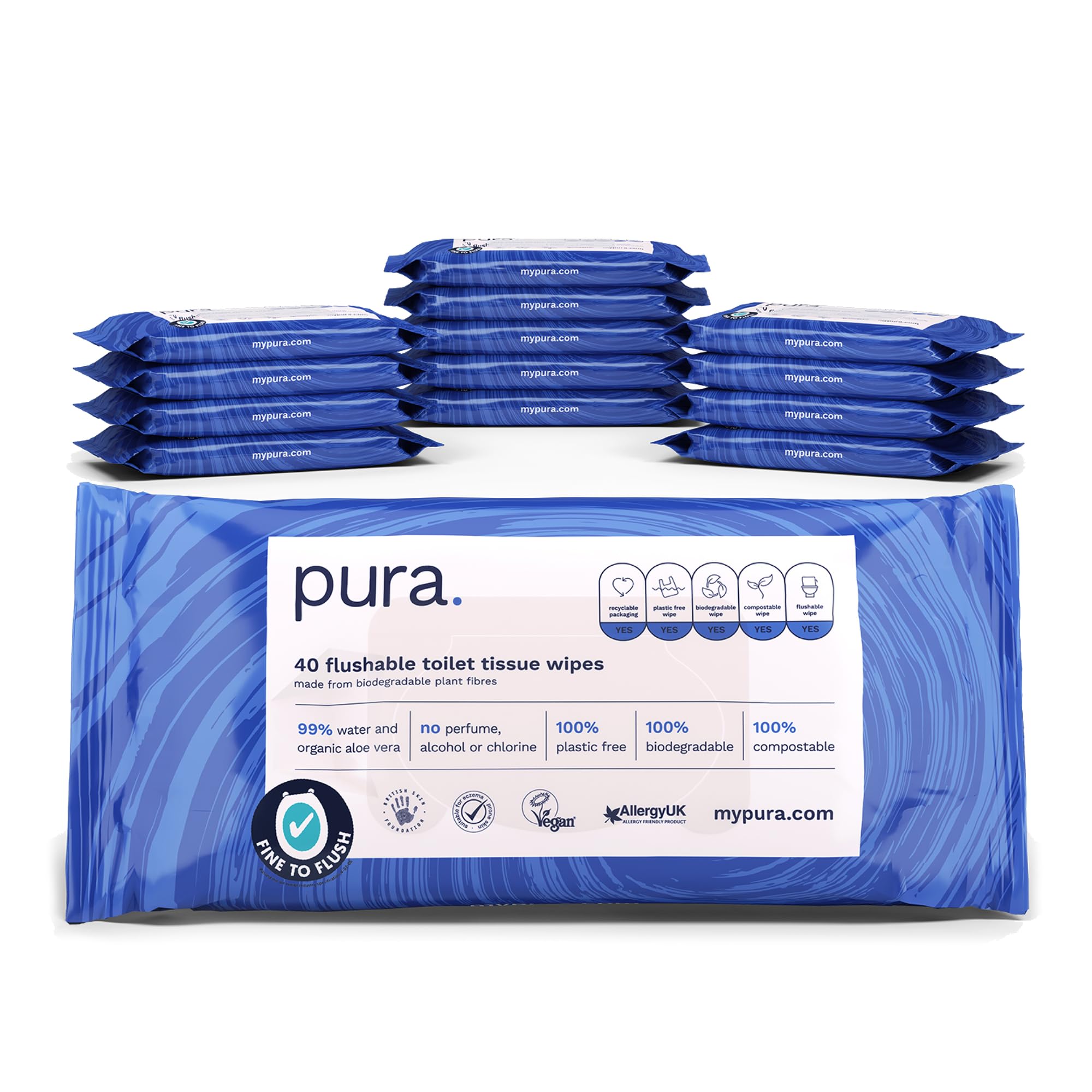 Pura Flushable Moist Toilet Tissue Wipes, 14 x 40 wipes per pack (560 Wipes) 100% Plastic Free, 99% Water Washlets, Certified Fine to Flush Biodegradable, Compostable, Vegan, Gentle, Clean, Wet Wipes