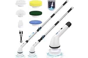 MKOINL Electric Spin Scrubbers, Cordless Cleaning Brush, Versatile Floor Tile Scrubber Dual Speed with 6 Replaceable Heads and Adjustable Extension Handle for Efficient Bathroom Tub and Floor Cleaning-White