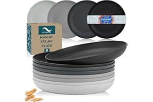 PYRMONT Dinner Plates Set of 8 Durable Wheat Straw Plates Reusable 9-inch Plates Alternative for Plastic Plates Dishwasher and Microwave Safe Unbreakable Plates for Kids (Grey Stone)