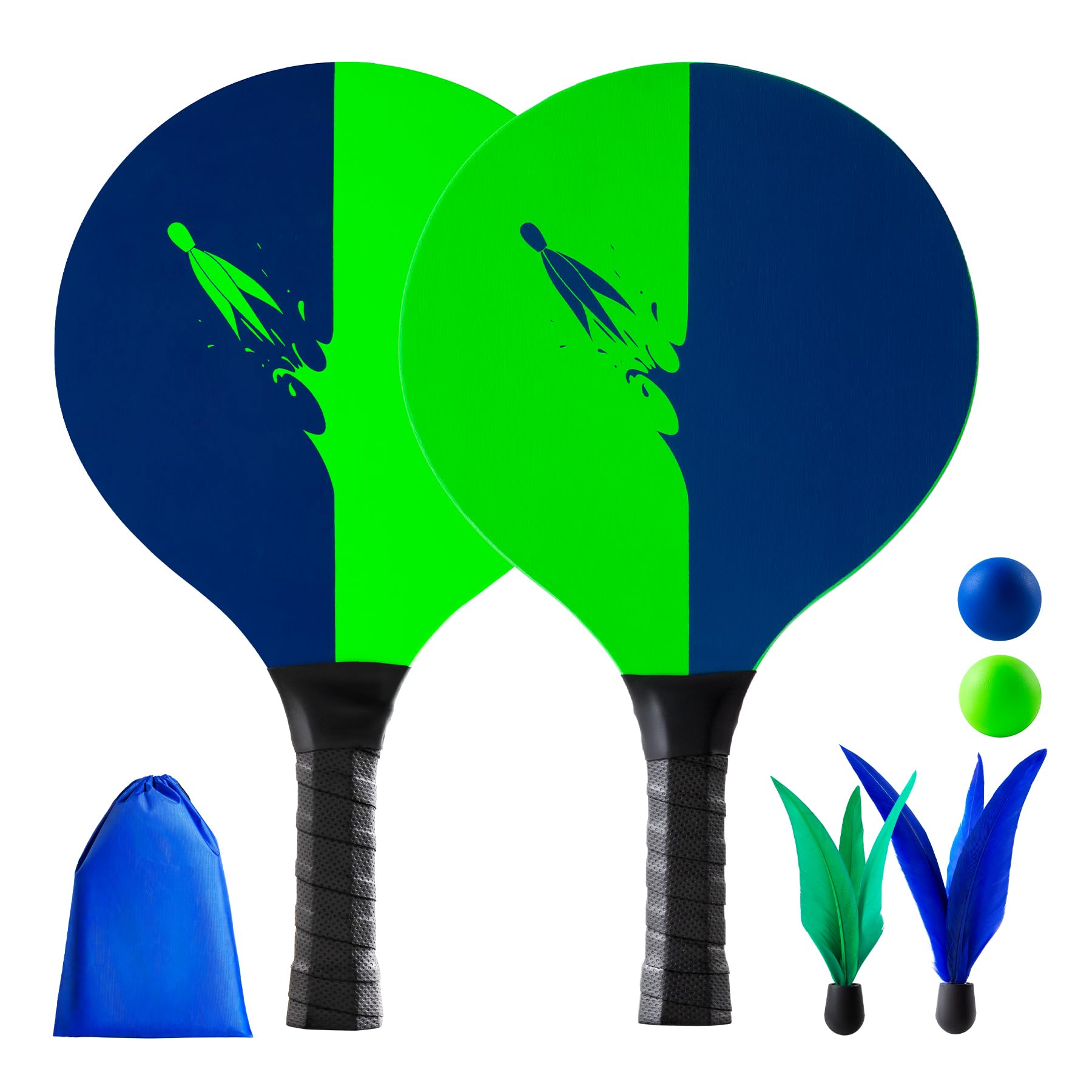 U&C Planet Beachball Set Paddle Ball Game Wooden Beach Bat Set Racket Game for Children&Family 2 Paddles 2 Balls and 2 Birdies Toys for Garden Beach Party