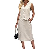 Women's 2 Piece Outfits Linen Vest Waistcoat Dressy Casual Skirt Sets Suit Summer Vacation Clothes
