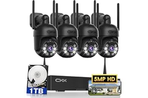 CKK [3K, 360° View] 5MP Wireless Security Camera System, 4pcs 3K PTZ Cameras Outdoor Indoor, C102 Dual WiFi Surveillance System NVR with 4LED Floodlights & Siren Alarm, 2 Way Audio,Motion Sensor,1TB HDD