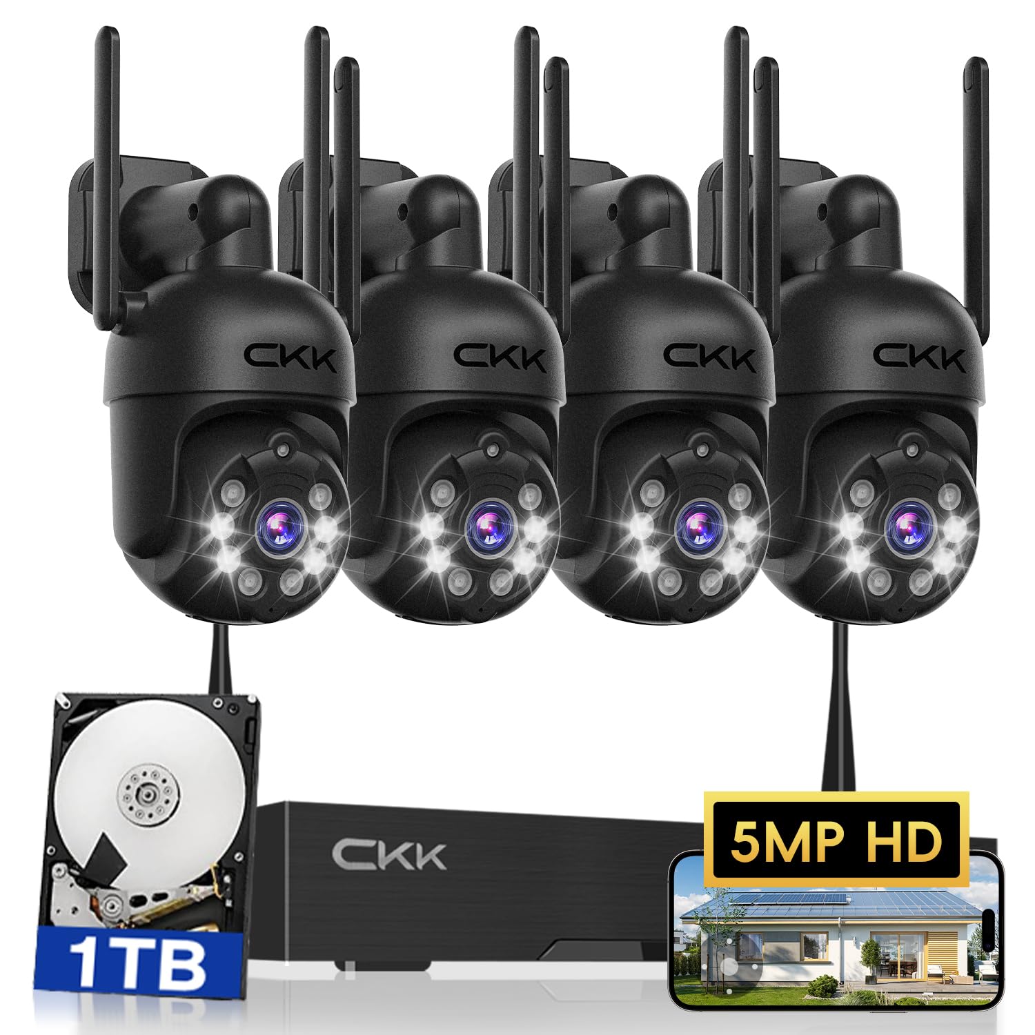 Photo 1 of [3K, 360° View] 5MP Wireless Security Camera System, 4pcs 3K PTZ Cameras Outdoor Indoor, C102 Dual WiFi Surveillance System NVR with 4LED Floodlights & Siren Alarm, 2 Way Audio,Motion Sensor,1TB HDD