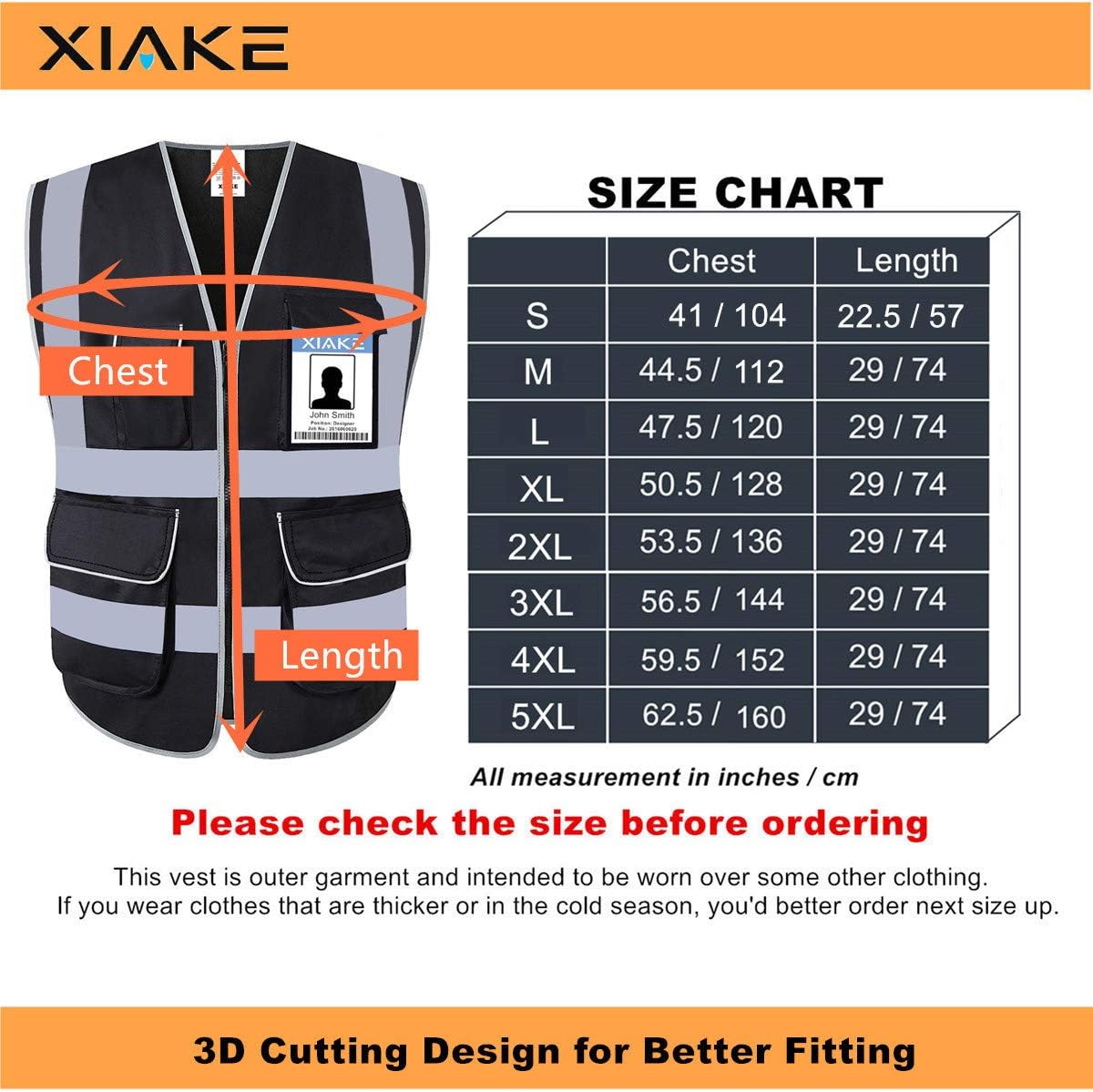 XIAKE 8 Pockets High Visibility Reflective Safety Vest, Zipper Front, ANSI/ISEA Standards, Black, Large - - 