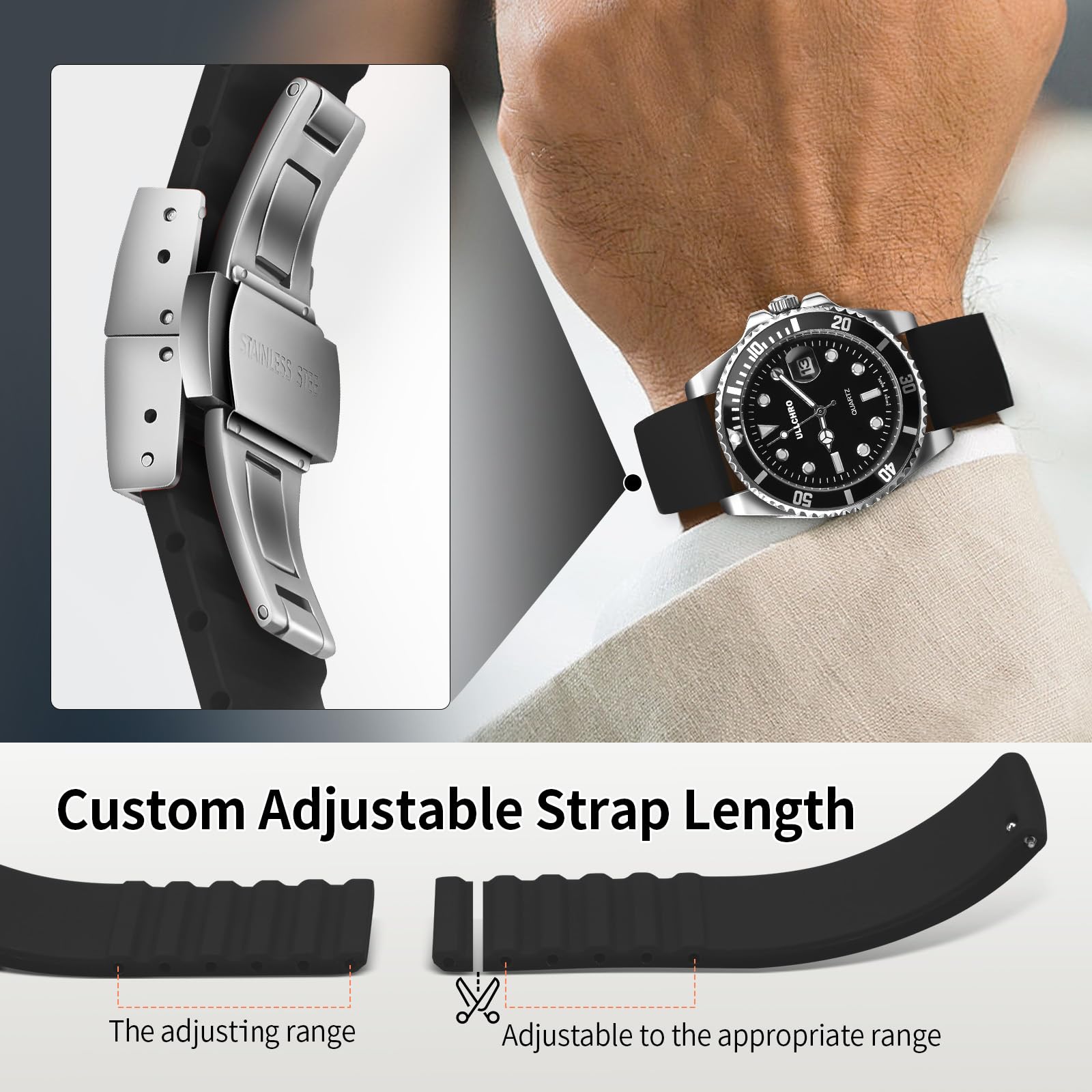 ULLCHRO Silicone Watch Strap Replacement Rubber Watch Band Waterproof - 14mm, 16mm, 18mm, 20mm, 22mm, 24mm Watch Bracelet with Stainless Steel Deployment Buckle