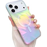 Heaofei Glitter Case for iPhone 17 Pro Case for Women Girls [ Compatible with Magsafe ] Clear Cute Aesthetic Girly Iridescent Feather Sparkly Bling Magnetic Phone Cover, Gradient Blue & Pink