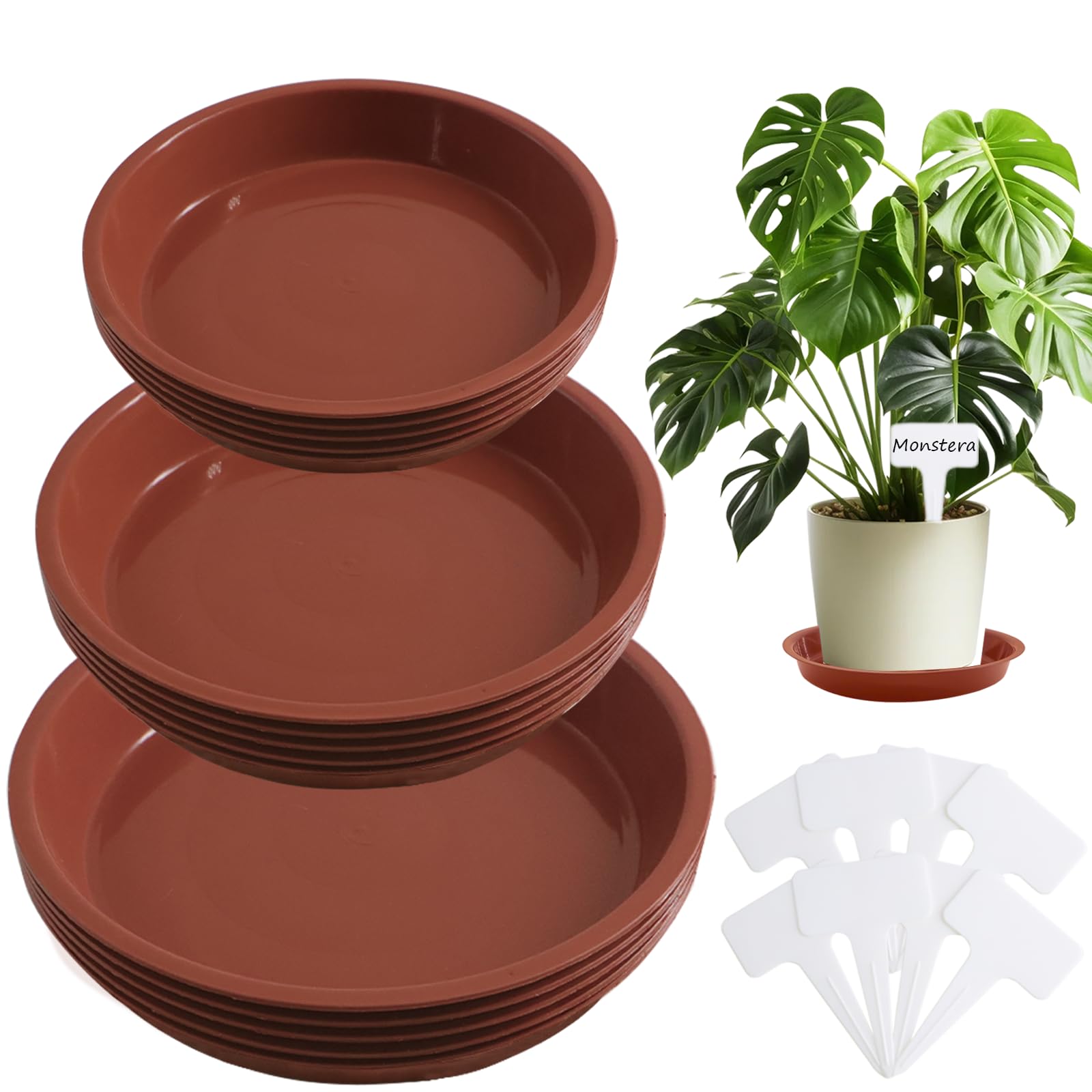 ZOCONE 15 PCS Red Plant Pot Saucers 14/16/21cm +15 Pcs Plant Lables Round Plastic Plant Saucers for Pots Waterproof Plant Trays for Pots Circular Flower Pot Plastic Saucers for Indoor Outdoor Garden