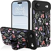 AIGOMARA for iPhone Air Case with Strap for Women Girls, Cute Floral Flowers Pattern, Soft Wristband Kickstand Silicone Protective Cover, Black