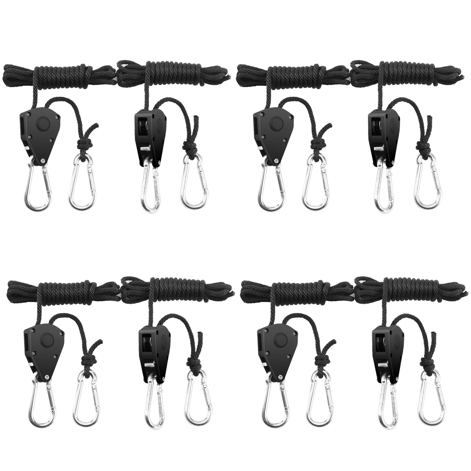 BOSYTRO 4 Pair（8 Pcs）of 1/8 inch Heavy Duty Adjustable Grow Light Ratchet Rope Hanger for Grow Light Fixtures & Gardening and Hydroponic Cultivation,Reinforced Metal Internal Gears 150lb Capacity