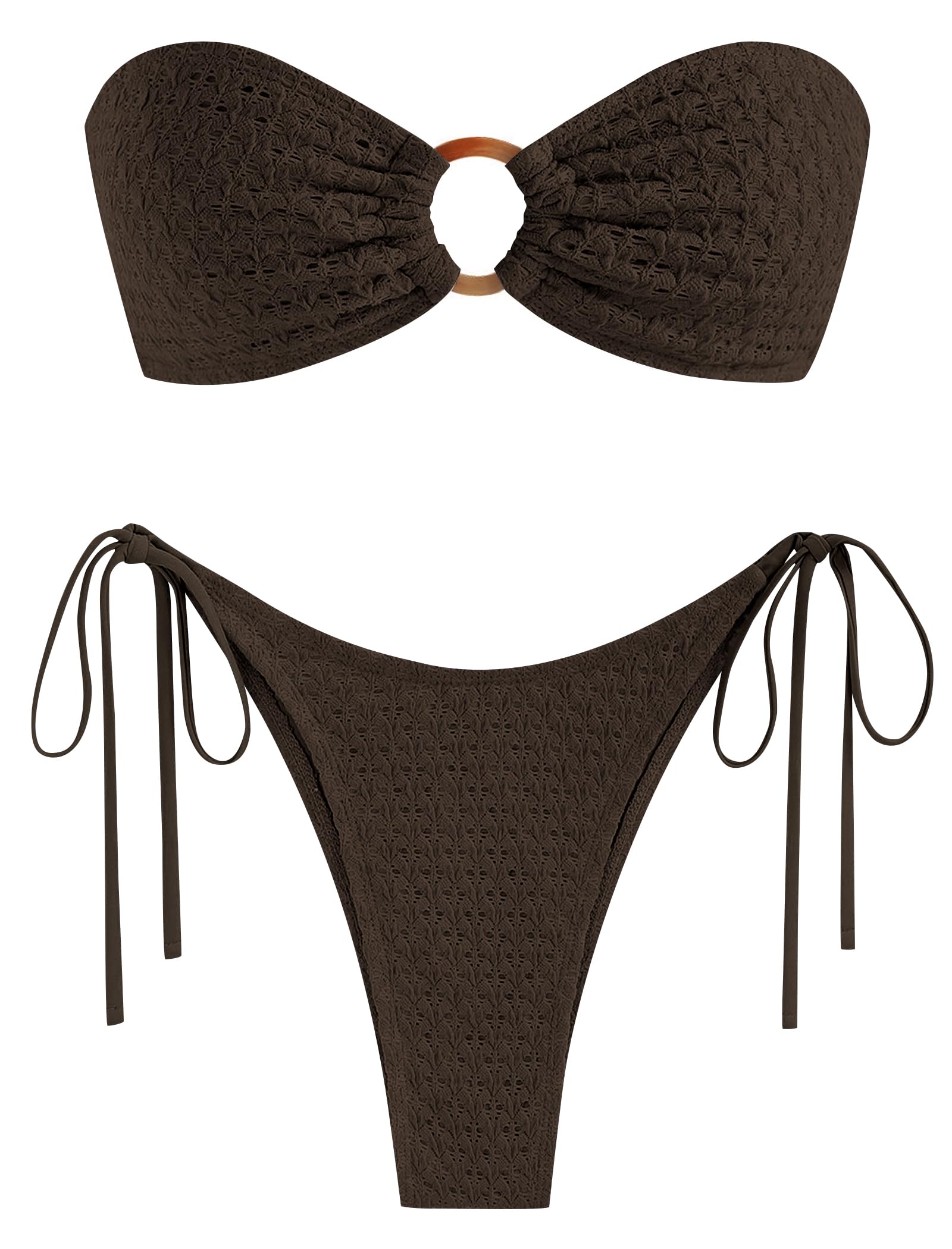 Photo 1 of ZAFUL Women's Bandeau Bikini Strapless O Ring Lace Tie Back High Cut Two Piece Swimsuit Bathing Suits (2-Deep Brown, M)