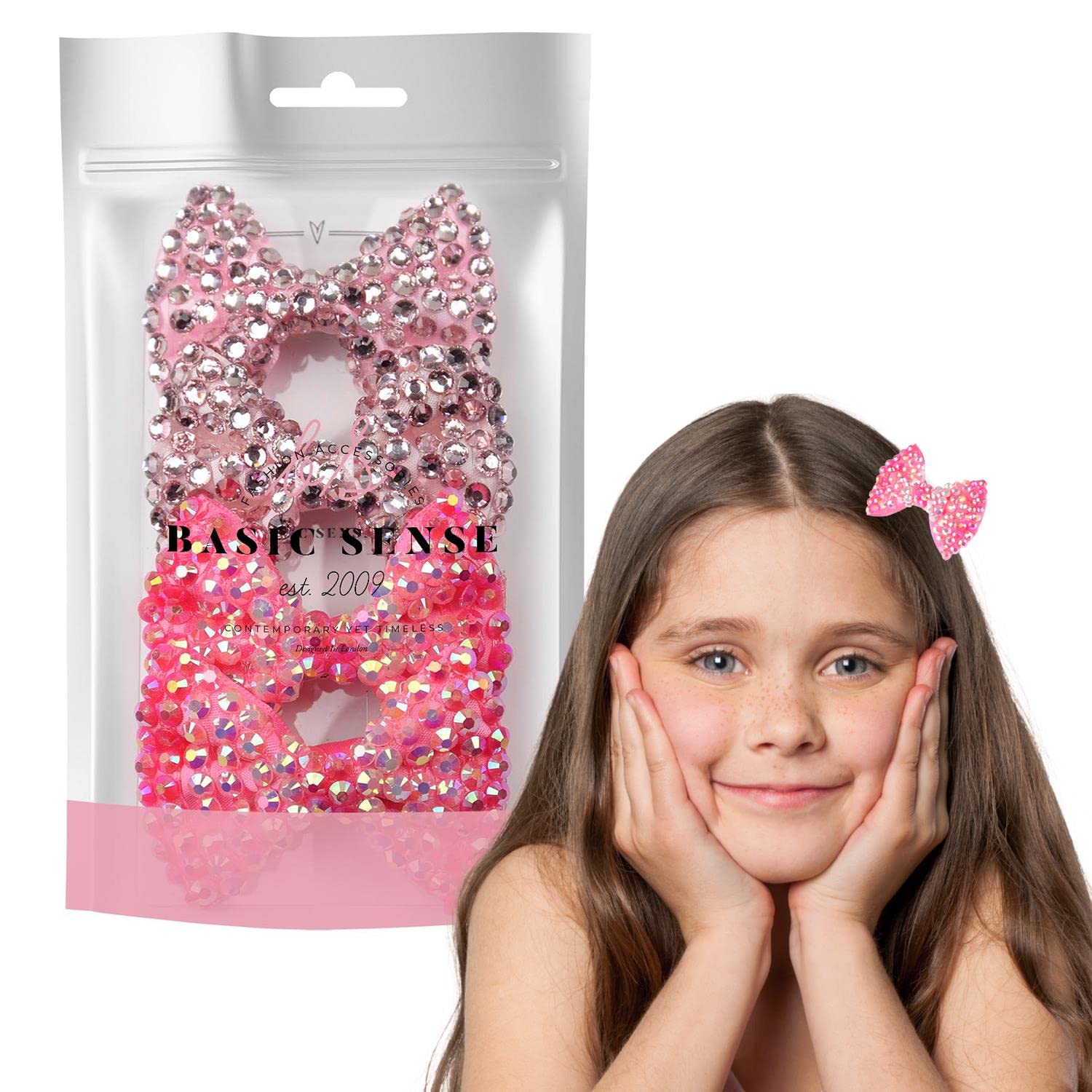 BasicSense 4 Pieces Shiny Rhinestone Small Bow Crocodile Alligator Hair Clips for Girls, Pink - Fuchsia