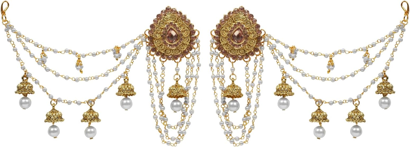 The Luxor Gold Plated Stone Floral Classic Bahubali Heavy Long Chain Jhumka Earrings Set