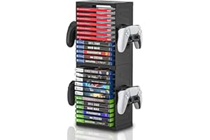 HEATFUN Video Game Tower Stand for PS5 Xbox Switch - Holds 24 Games and 4 Controllers, Compact Vertical Gaming Organizer with Stable Base - Easy Assembly and Space Saving Shelf for Gamers