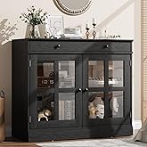 GarveeHome Modern 35.4" Sideboard Buffet Cabinet with Glass Door, Black | Storage Cabinet with Drawer for Dining Room, Kitchen, 3-Level Adjustable Shelves, Easy to Assemble, Sturdy Construction