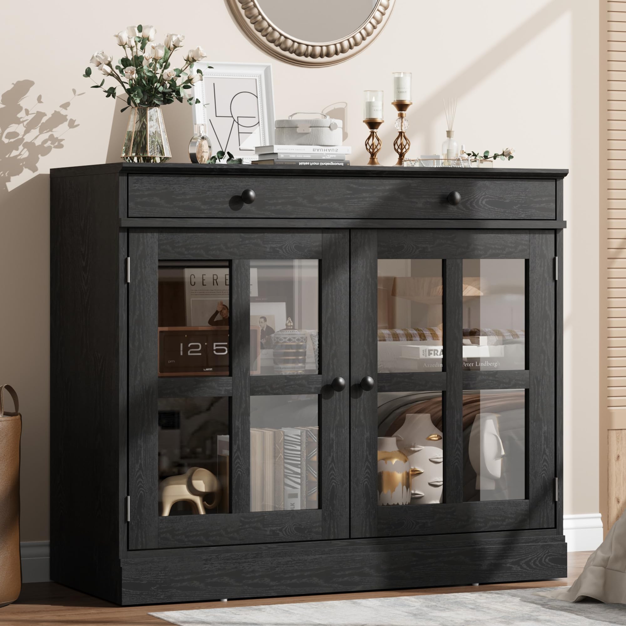 Photo 1 of ***MISSING HARDWARE, SELLING FOR PARTS AS IS FINAL SALE**GarveeHome 35.4 in Sideboard Buffet Cabinets with Glass Door, Buffet Cabinet with Storage, Black Sideboard Cabinet with Drawer, Modern Buffets & Sideboards for Dining Room, Kitchen***MISSING HARDWAR