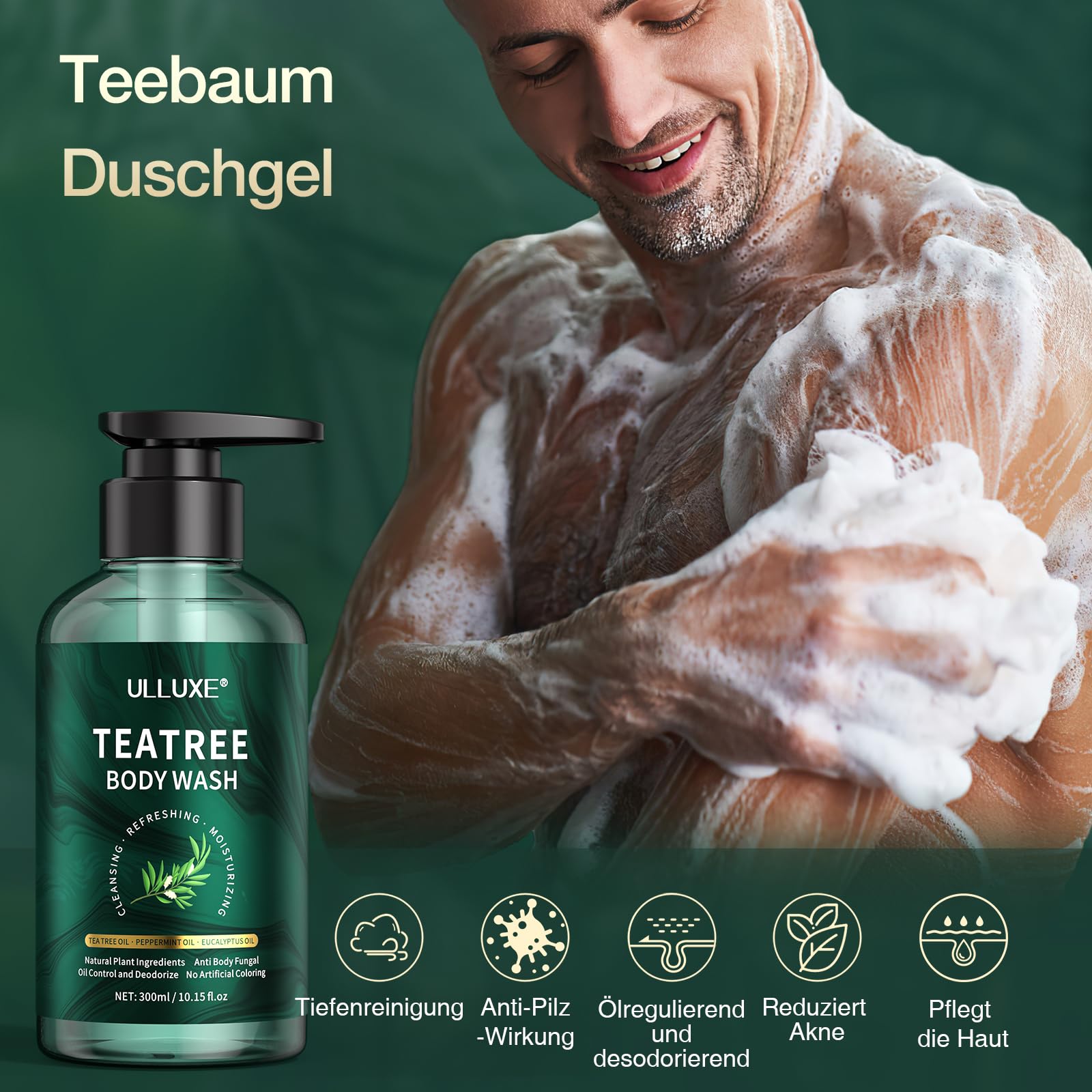 Teebaum Duschgel, lindert Pilz Juckreiz, Schuppen, Akne am Rücken, Fußpilz und Körpergeruch, Antimykotisches Duschgel mit Pfefferminz und Eukalyptusöl, 300 ml 2
