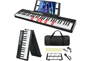 JTSIOV 61 Key Keyboard Piano, Semi Weighted Electric Piano, Lighted Keys,8H Battery Life, USB-MIDI Keyboard -Includes Music Stand, Microphone, Stickers, Bag, Foldable Keyboard Piano for Kids/Beginners
