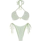 seamoly Women's Two Piece Bathing Suit Fishnet Shell Tie Back Halter Bikini Set High Cut Side Tie Bikini Bottom Swimsuit Green L
