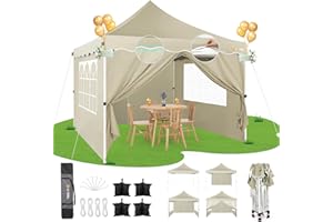 Hoteel 10x10 Pop Up Canopy Tent for Parties with 4 Sandbags, 4 Ropes, 4 Stakes & Wavy Edge, One Person EZ Setup, 20% Thicker Cross Tubes, Increased Height, 310cm Model for Ample Comfort, Khaki
