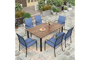 HERA'S HOUSE 7-Piece Outdoor Dining Sets Patio Dining Furniture Set for 6, Faux Woodgrain Metal Table with 6 Patio Dining Chairs, All Weather Outdoor Table and Chairs for Garden Lawn Backyard