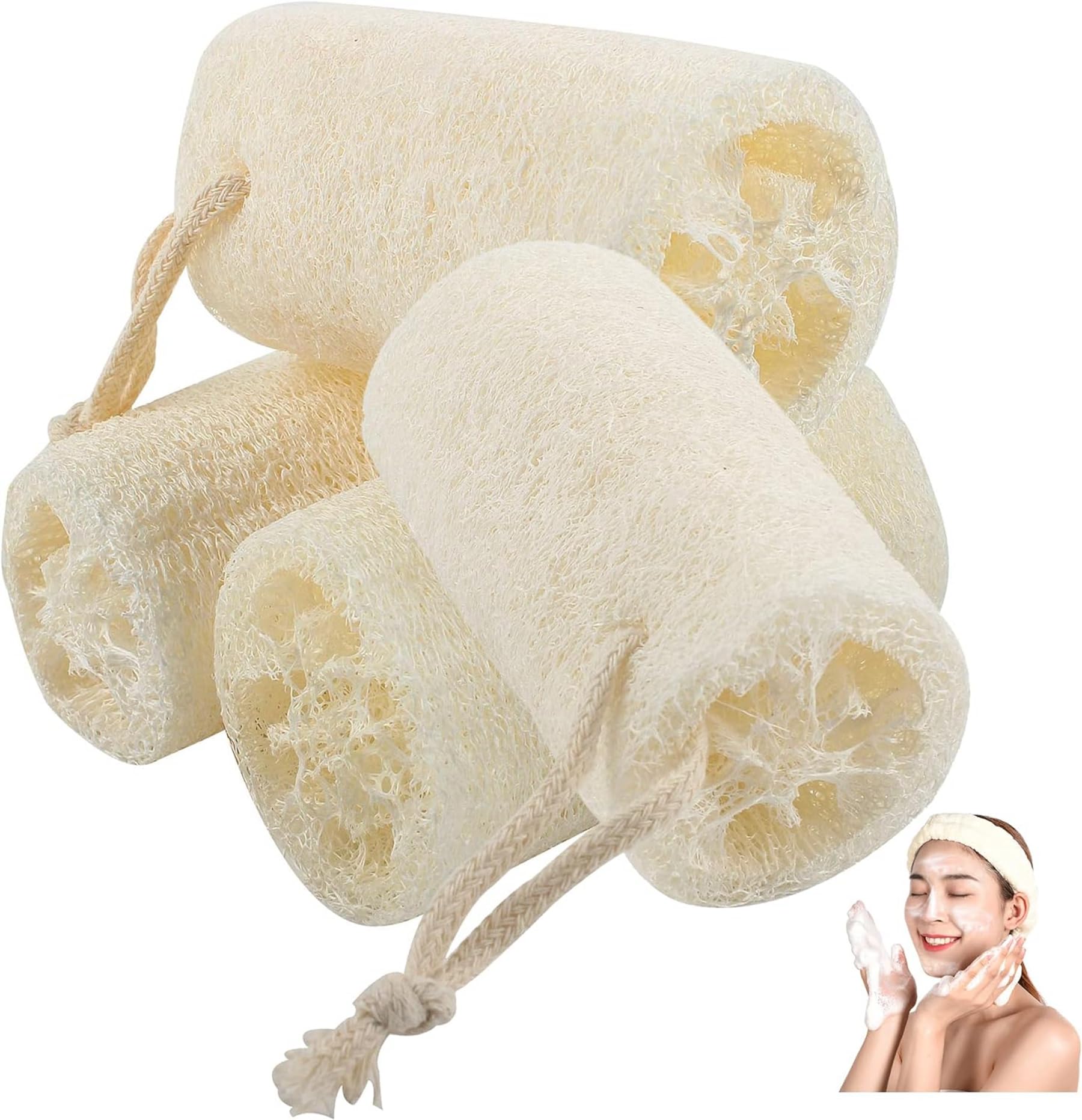 VinBee 4 PCS Natural Loofah, Natural Sponge Gentle Exfoliation - Shower Loofah for Face, Body -for Bathing and Kitchen Cleaning - Safety, Soft and Easy Foaming Spa for Women, Men & Children