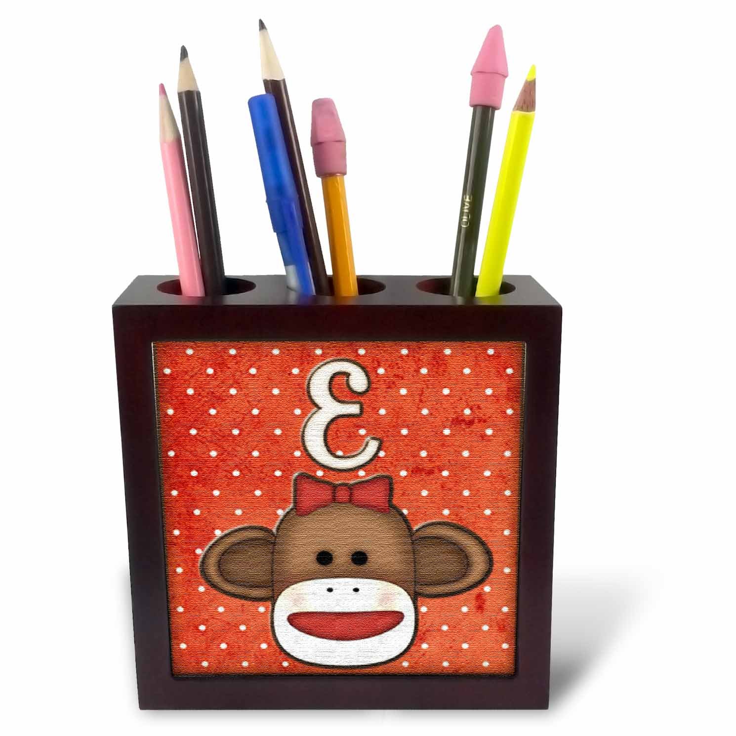 3dRose ph_102808_1 5-Inch "Cute Sock Monkey Girl Initial Letter E" Tile Pen Holder
