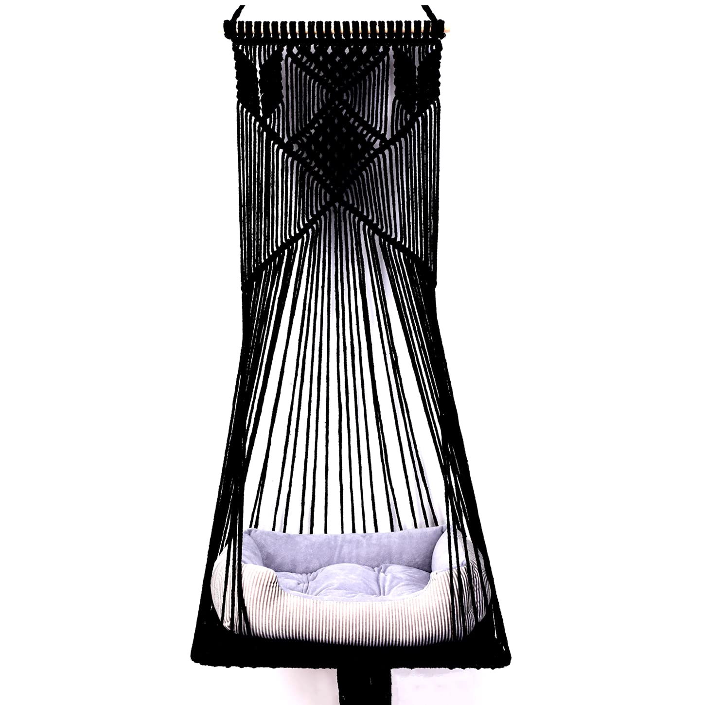 Doralus Cat Bed Cat Hammock Macrame Cat Swing Bed Cat Cage Cotton Rope Hanging Cat House Cats Toy Tassel Basket Tapestry (Black, Swing Bed+Cushion)
