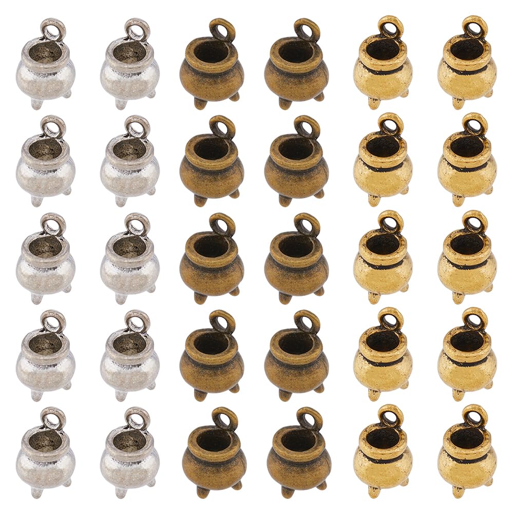 DICOSMETIC 30pc 3-Color Small Censer Charms Tibetan Style Witch Cauldron Cube Connector Antique Bronze/Silver/Gold Mini Censer Pendants Alloy Charms for Jewelry Making, Hole: 1.8mm