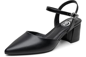 Trary Women's Pointed Toe Low Chunky Block Heels,Comfortable Adjustable Ankle Strap Closed Toe Work Wedding Dress Party Pumps Shoes