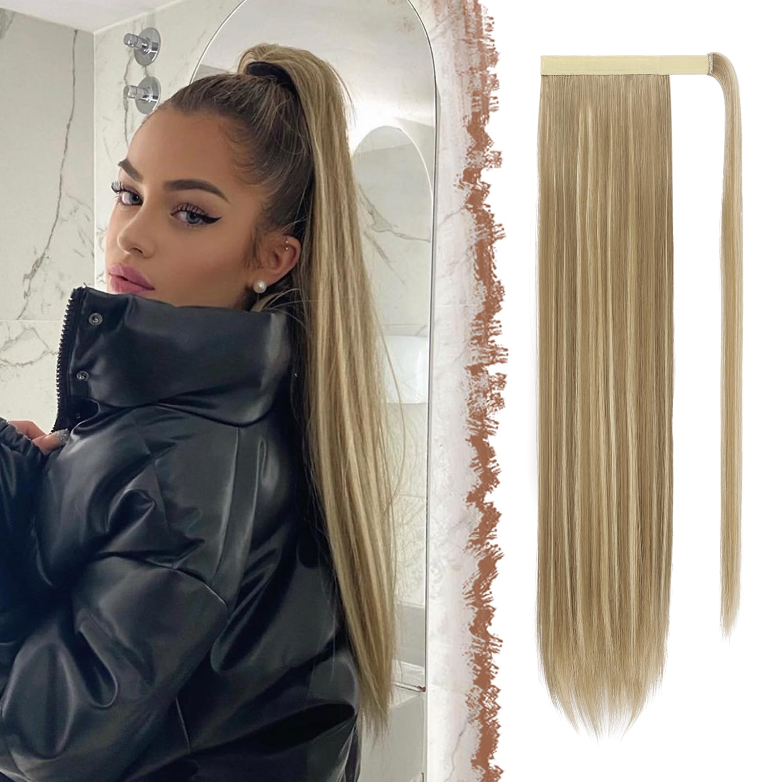 FESHFEN Straight Ponytail Extensions Long Wrap Around Ponytail Synthetic Clip in Pony Tail Hair Extensions Light Brown & Blonde Hairpiece for Women, 28 inch — image 1
