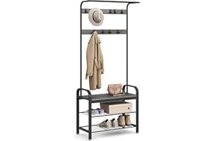 VASAGLE Coat Rack, Hall Tree with Shoe Bench for Entryway, Entryway Bench with Coat Rack, 4-in-1, with 9 Removable Hooks, a Hanging Rod, 13.3 x 28.3 x 72.1 Inches, Charcoal Gray and Black UHSR040B04