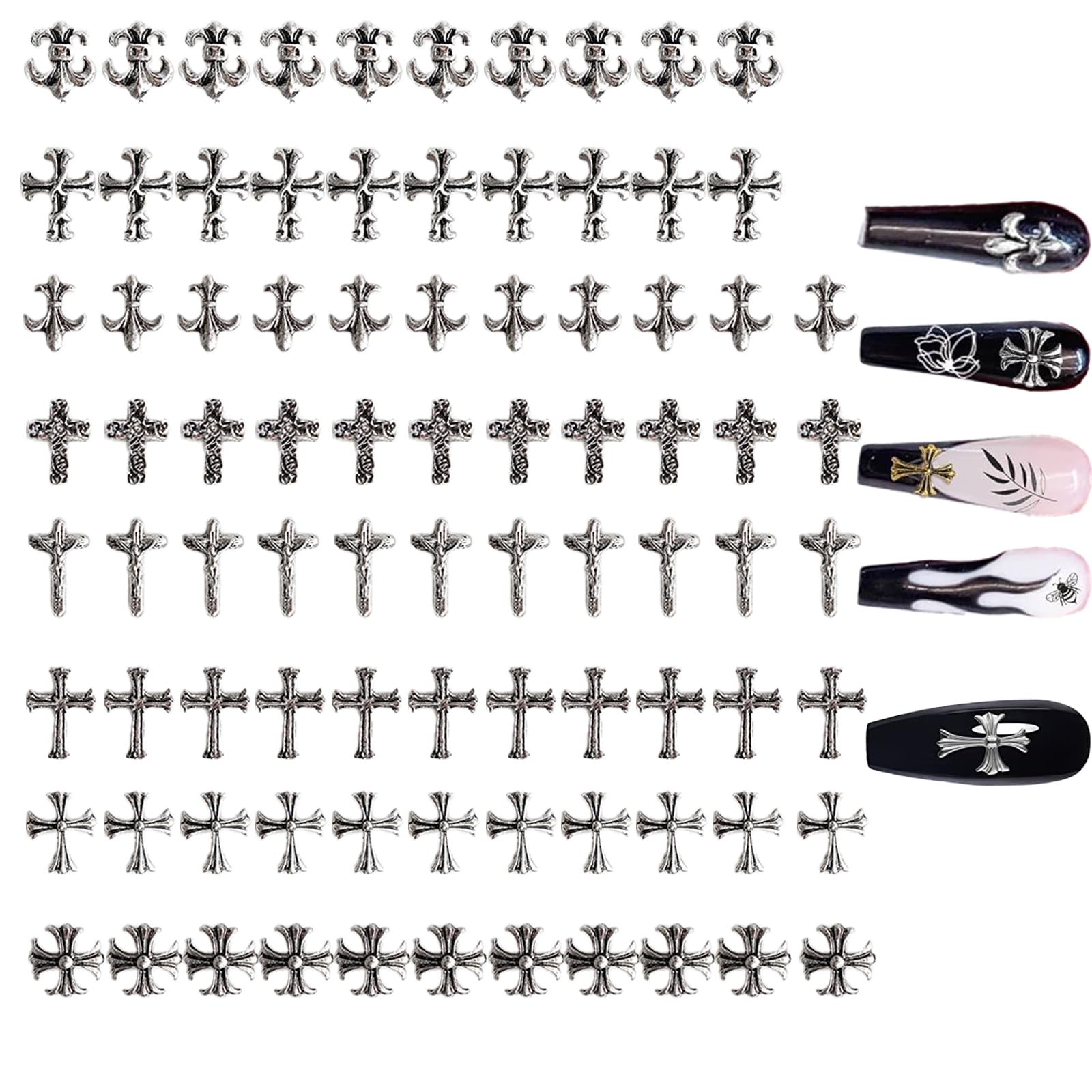 80Pcs Leeneen Silver Metal Cross Nail Charms for Nails Design,Y2K 3D Chrome Nails Art,Vintage Alloy Cross Heart Skull Acrylic Charm for Women, Halloween Nail Supplies (L1)