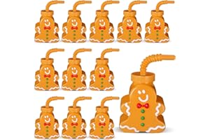 Sliner 12 Pcs Christmas Party Plastic Cups 10 oz Xmas Tree Gingerbread Peppermint Candy Snowflake Cups Gift Set with Lids Straws for Xmas Birthday Party Gifts Supplies(Gingerbread)