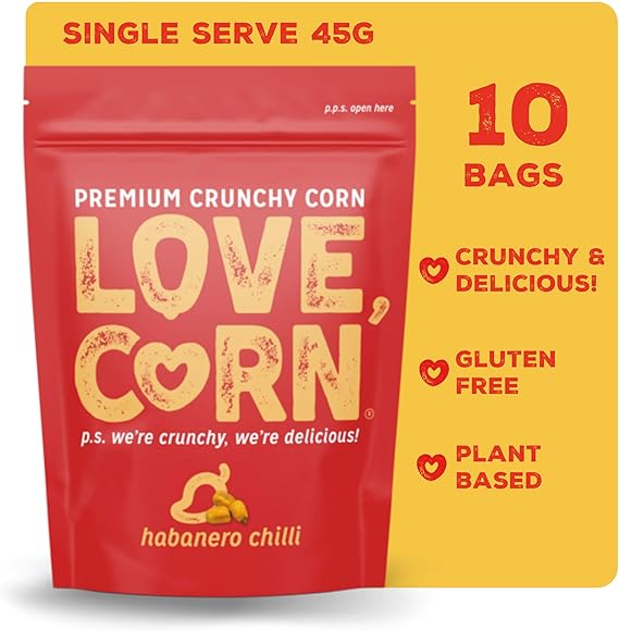 Love Corn Habanero Chilli Roasted Crunchy Corn Gluten Free Plant Based Vegan Healthy Snack Low Calorie Box Of 10 Bags 45g Each Amazon Co Uk Grocery