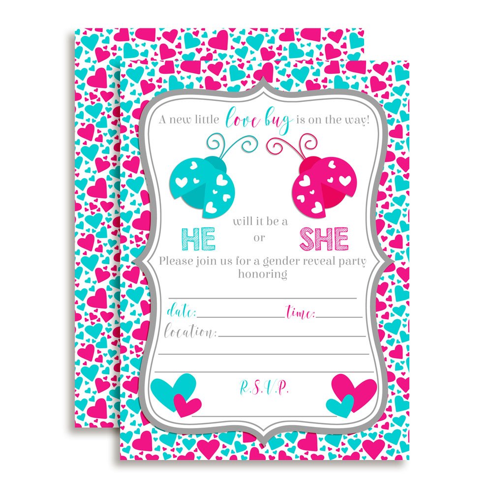 Valentine’s Day Love Bug Gender Reveal Baby Shower Invitations, 20 5x7 Fill In Cards with Twenty White Envelopes by AmandaCreation