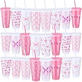 Skylety 24 Pcs 24 oz Pink Bow Tumbler Cups with Straw and Lid Coquette Bow Themed Party Favors 8 Design Reusable Preppy Plastic Travel Cup Gift Birthday Bridal Shower Supplies Decorations