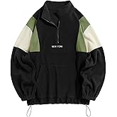 ZAFUL Men's Fluffy Polar Fleece Sweatshirt NEW YORK Embroidery Colorblock Half Zip Unisex Hoodie