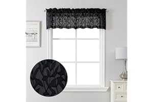 Lecloud Leia Sheer Black Curtains Window Valances for Kitchen 14 Inch Length 2 PCS, Dual Rod Pockets Window Living Room Curtain Valance, Jacquard Clip Textured Leaf Short Bedroom Drapes, 38x14 Inches