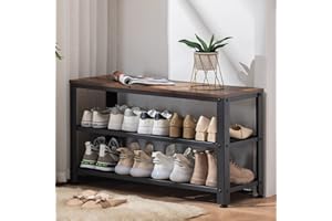 Apicizon Shoe Rack Bench, 3-Tier 35.5 Inches Shoe Rack for Entryway with Long Seat and Metal Shelves for Garage, Industrial Steel Storage Bench for Living Room, Bedroom, Mudroom, Rustic Brown