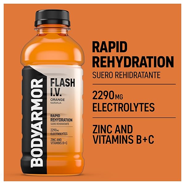 BODYARMOR FLASH I.V. ELECTROLYTE BEVERAGE, ORANGE, HYDRATION DRINK WITH COCONUT WATER FOR RAPID REHYDRATION, POST WORKOUT RECOVERY, 20 FL OZ (PACK OF 12)