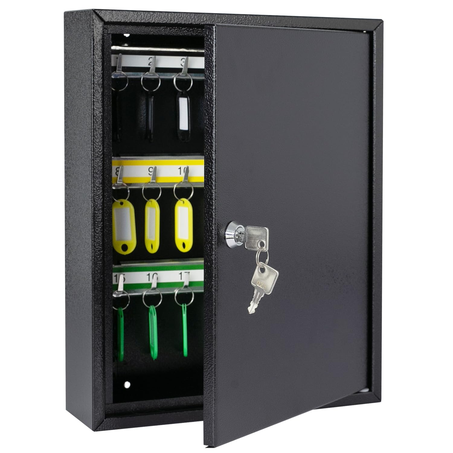 HMF Steel key cabinet, lockable key box for office, administration or fleet management | 42 key hooks | 35 x 27 x 8 cm | black